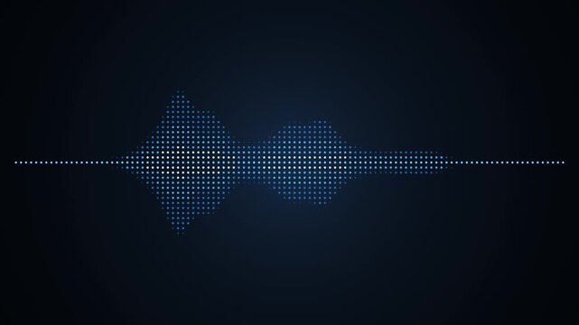 Abstract halftone dot matrix audio equalizer and glowing sound wave spectrum on dark background in 4k loop