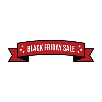 Red ribbon banner graphic displaying black friday sale text with stars promotional white background marketing