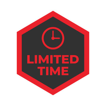 Limited time offer promotion badge with clock symbol in a red hexagon frame countdown deadline marketing