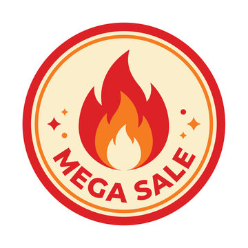 Mega sale marketing emblem featuring a stylized flame in a circular frame promotion discount commerce