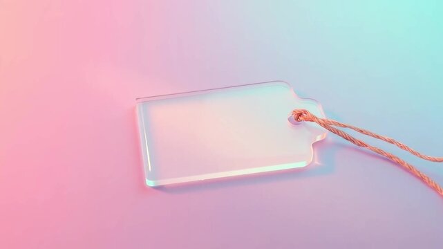 Blank clear glass discount tag mockup with string on pastel gradient background copy space
