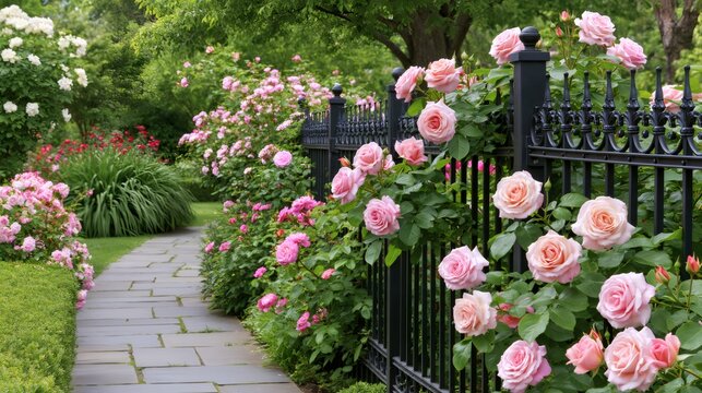 Pink roses climbing black iron fence in garden