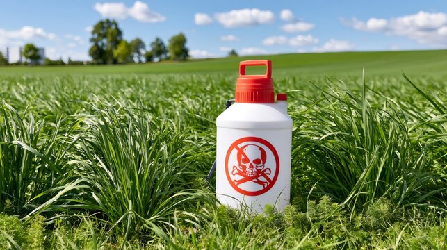 Pesticide sprayer standing in a green field