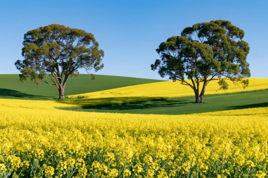 Yellow canola field and two trees across rolling green hills