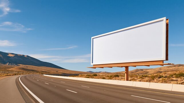 White billboard beside highway in desert landscape under clear blue sky with distant mountains, outdoor advertising space