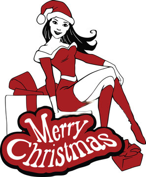 Attractive Pin-up Style Christmas Girl in Sexy Santa Outfit Sitting on a Large Gift Box with Merry Christmas Typography Text, Festive Holiday Vector Illustration for Seasonal Designs