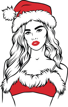 Stunning Christmas Woman in Red Santa Hat and Faux Fur Top Vector Graphic, Elegant Girl Portrait with Red Lips for Holiday Celebrations, Winter Festive Fashion Minimalist Line Art Design.