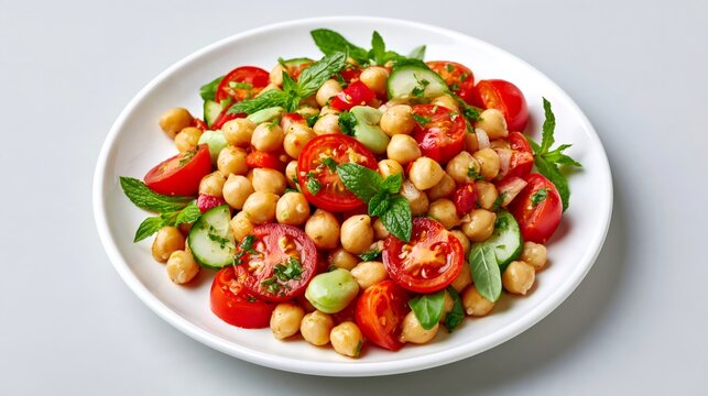 Chickpea salad mixing fresh vegetables and mint
