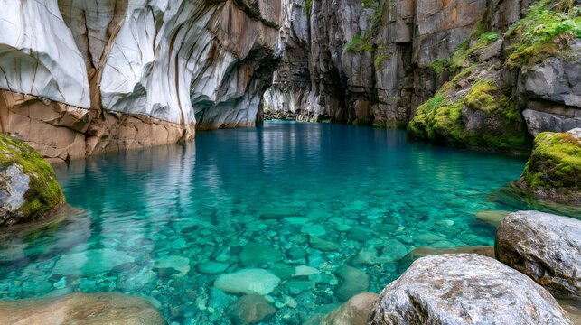 Turquoise canyon pool winding between sculpted cliffs and mossy rocks