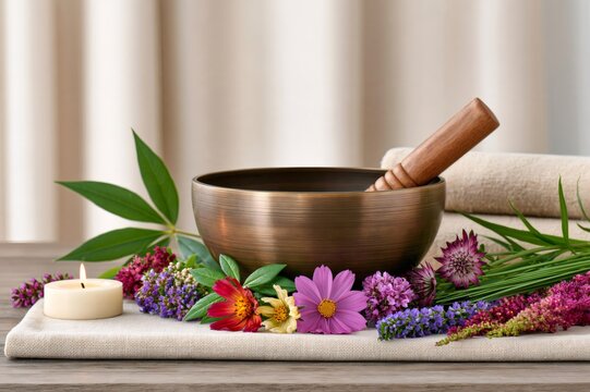 Singing bowl with flowers and candle for meditation