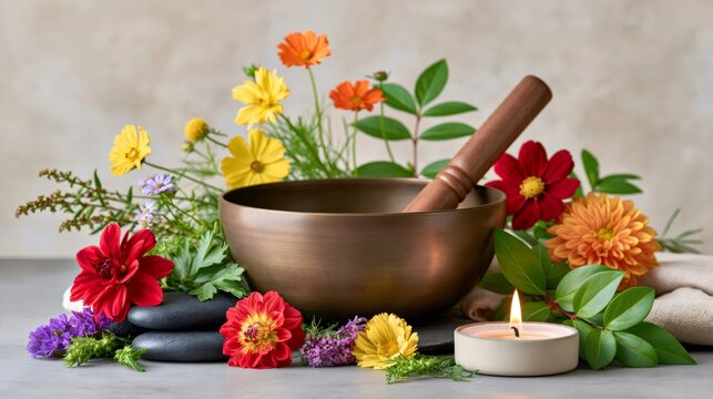 Singing bowl with colorful flowers and burning candle
