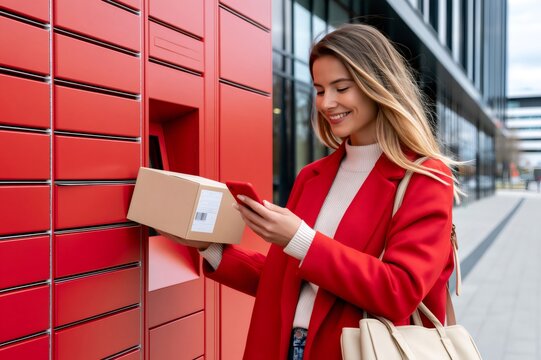 Woman collecting a parcel at a red locker with her smartphone