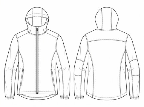 Men Hooded Windproof Running Jacket Technical Vector Flat Drawing Template