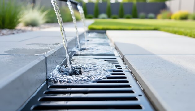 Water streams splash onto a linear drainage grate between paving slabs in a landscaped garden