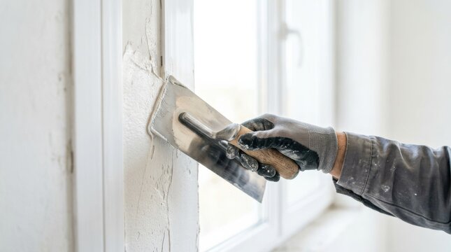 Worker smooths plaster on an interior wall beside a window with a metal trowel