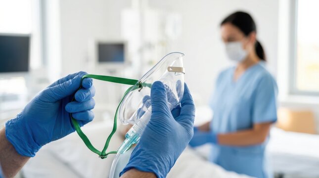 Gloved hands hold an oxygen mask in a bright hospital room with a masked healthcare worker in the background