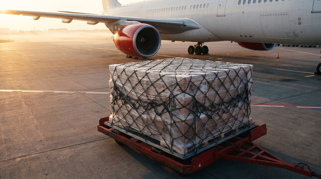 Air cargo container loaded on trailer next to airplane on airport runway at sunset for global delivery