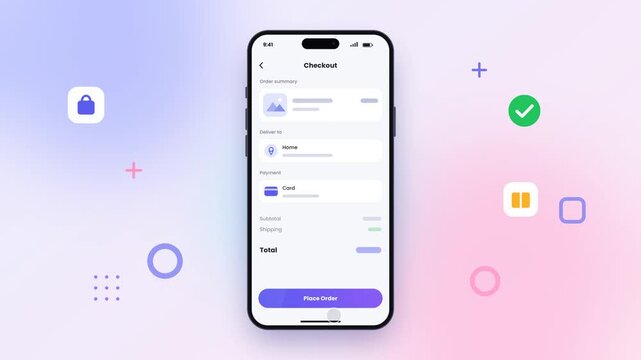 Animated smartphone showing an online order flow: add to cart, checkout, tap Place Order, then a success screen with confetti. Generic app UI, no brands, 4K, soft gradient background.