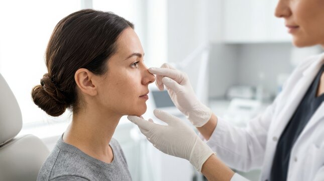 Woman receives a facial examination as a gloved practitioner checks her nose and chin in a bright clinic