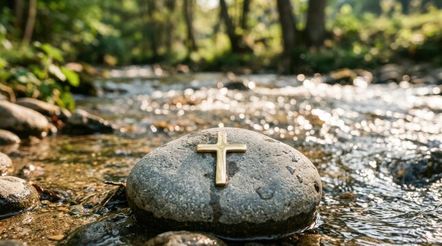 A golden cross rests on a smooth stone in a sunlit woodland stream