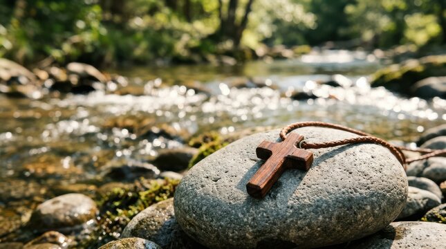 Wooden cross pendant rests on a smooth rock beside a sunlit forest stream