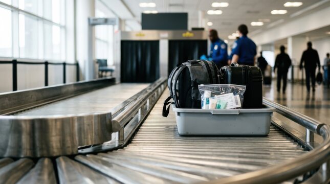 Luggage and toiletries sit in a screening tray on a conveyor at an airport security checkpoint