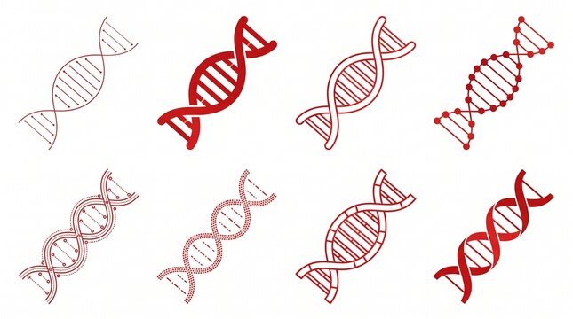 8 red DNA double helix illustrations displaying solid, outlined, and thin line art styles, representing genetics, molecular biology, and scientific research.
