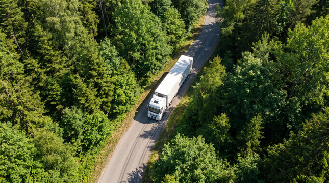 White semi truck driving on a narrow road surrounded by a dense green forest from an aerial view