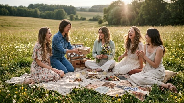 Five young women enjoying a delightful picnic together in a lush green meadow on a sunny day