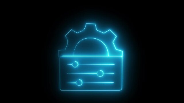 glowing neon Configuration and customization icon isolated  Gear with sliders representing control panel sliders, technical settings control, adjustment, dashboard interface symbol on black background