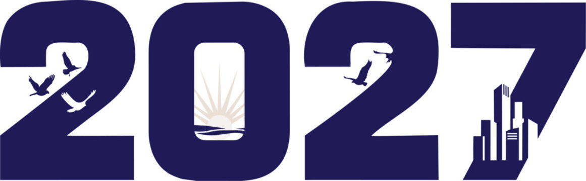 minimalist 2027 new year typography with flying birds, sunrise landscape, and modern city skyline silhouettes
