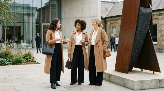 Stylish young women enjoying a city outing chatting and dressed in fashionable autumn outerwear and accessories