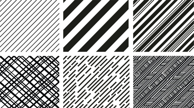 Black diagonal stripe pattern collection featuring parallel line textures, bold slanted bands, crosshatched grids, broken strokes, and abstract geometric backgrounds