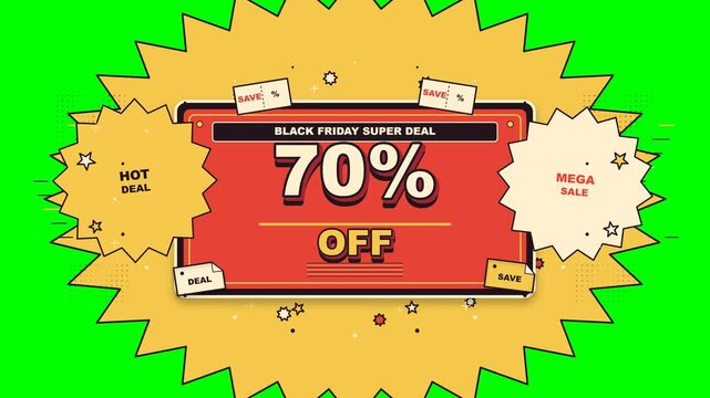 Black Friday super deal banner template with 70 percent off discount tag on green screen background for marketing promotion design