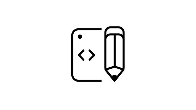 Black line icon of a code window with angle brackets beside a pencil, representing code editing, web development and programming tools for design use