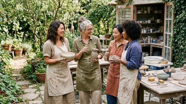 Group of diverse people enjoying a casual gathering in a lush garden setting with drinks and conversation