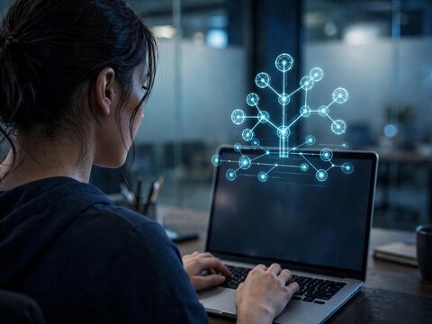 version control and collaborative code management concept. female developer working on laptop with holographic git branch icon for team software development workflow ai generated