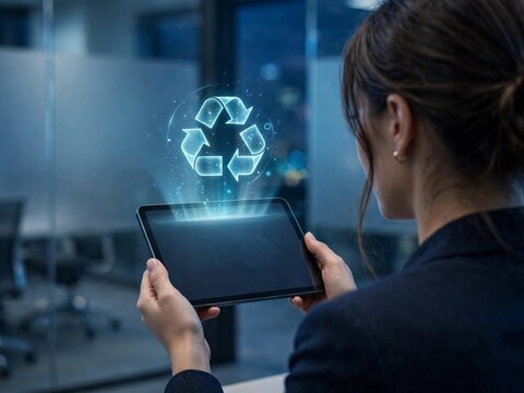 circular economy and recycling management concept. businesswoman holding tablet with holographic recycling arrows icon for waste reduction and sustainable resource planning ai generated