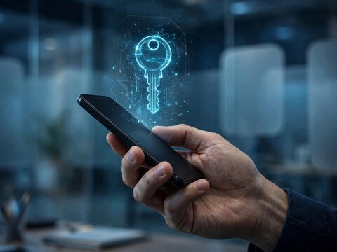 property access and smart lock security concept. hand holding smartphone with holographic key icon for digital home entry and real estate handover ai generated