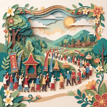 Handcrafted layered paper cut art of a festive floral celebration pattern with minimalist perspective