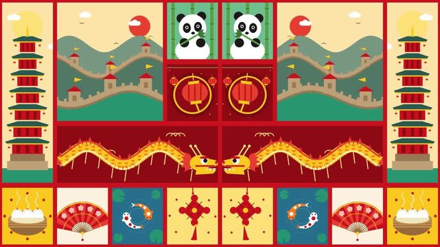 China Bauhaus Mosaic Widescreen Loop Background with Great Wall, Dragon Dance, Pagoda, Panda and Chinese Knot
