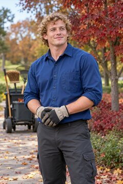 Portrait of a male landscaper standing outdoors in autumn. Young groundskeeper wearing work gloves and uniform with gardening equipment in background