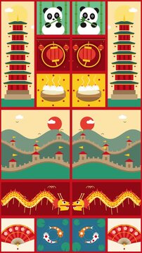 China Bauhaus Mosaic Vertical Loop Background with Pagoda, Great Wall, Dragon Dance, Panda and Red Lanterns
