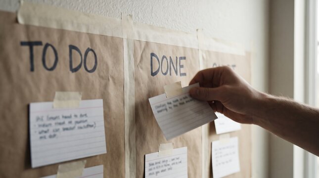 Hand moving index card from to do column to done column on taped kraft paper kanban wall