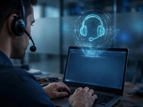 call center operations and customer care service concept. male agent wearing headset on laptop with holographic headset icon for professional phone support ai generated