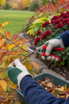 Person trimming shrub branches with red pruning shears in an autumn garden. Pruning bushes near blooming red chrysanthemums