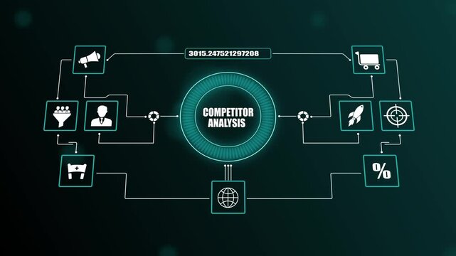 Competitor analysis concept with digital data visualizations and glowing icons, showcasing business research and marketing strategy on a dark background. (149 characters)