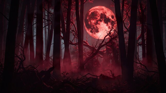 Dark forest with red full moon and spooky trees creating mysterious eerie atmosphere for Halloween or fantasy designs.