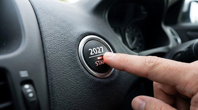 A finger presses a glowing car start button engraved with the year 2027