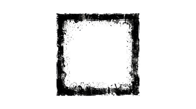 Black square frame with rough grunge texture border isolated on transparent background